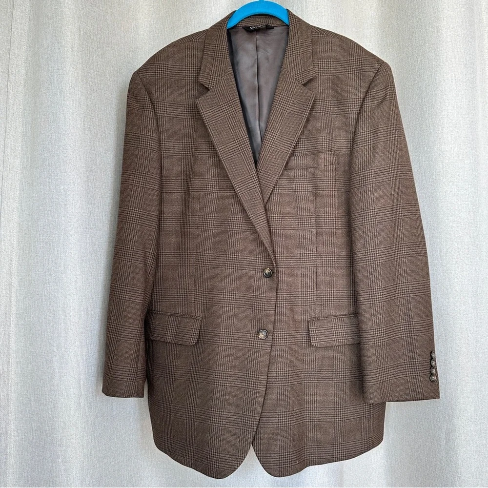 Jos A Bank 46L Beige Blue 100% Wool Sport Coat Glen Check Pattern
